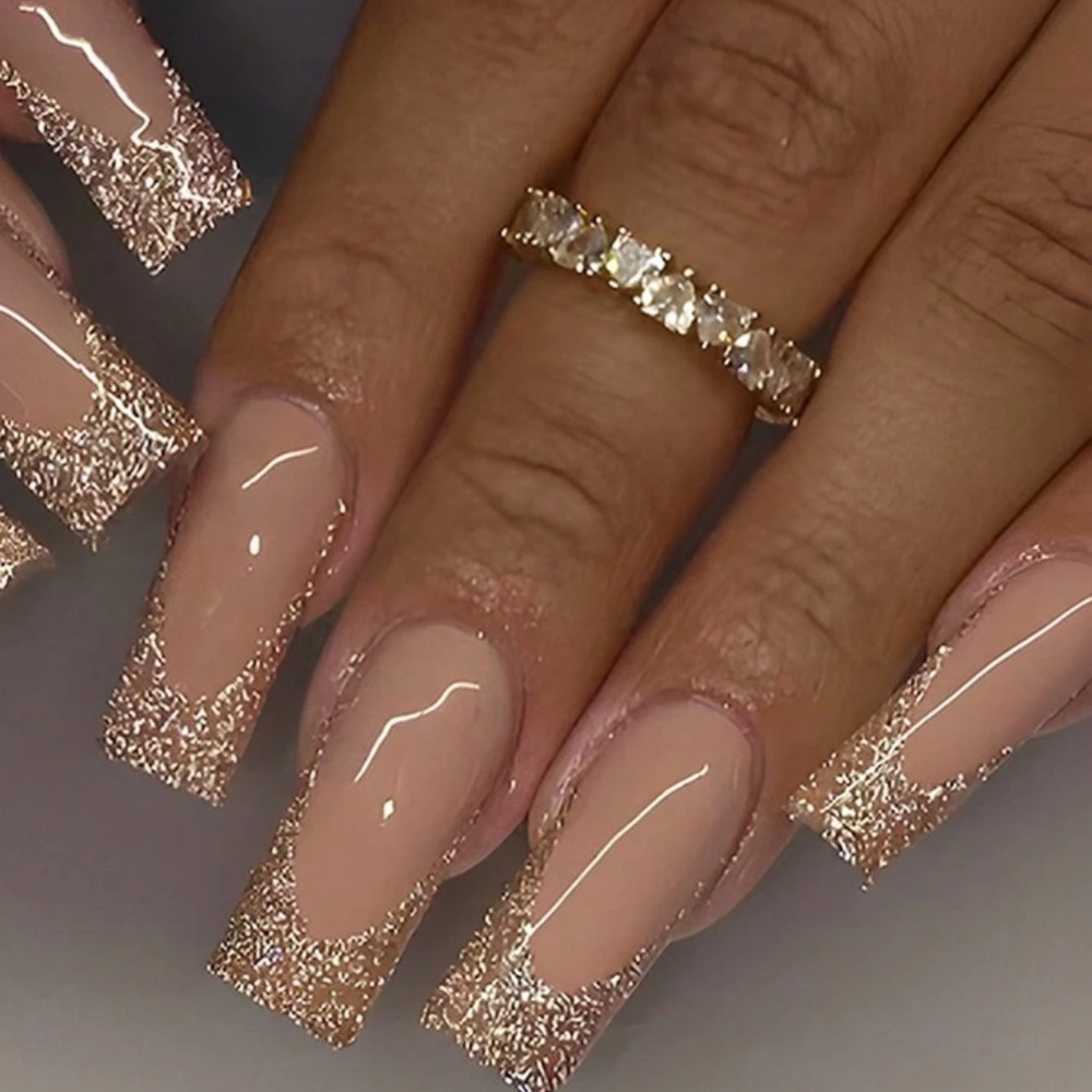 24pcs Extra Long Golden Metallic French False Nails, Shiny & Glamorous Nail Art - Picture 1 of 4